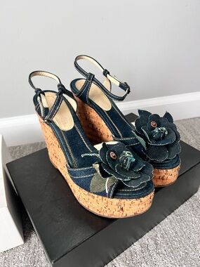 CHANEL Cork Wedge Espadrilles with Navy Denim Bow